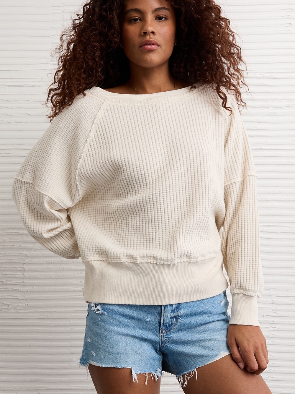 American Eagle Relaxed Cream Waffle Knit Women's Sweater